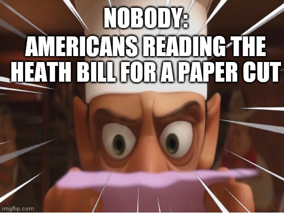 NOBODY:; AMERICANS READING THE HEATH BILL FOR A PAPER CUT | made w/ Imgflip meme maker