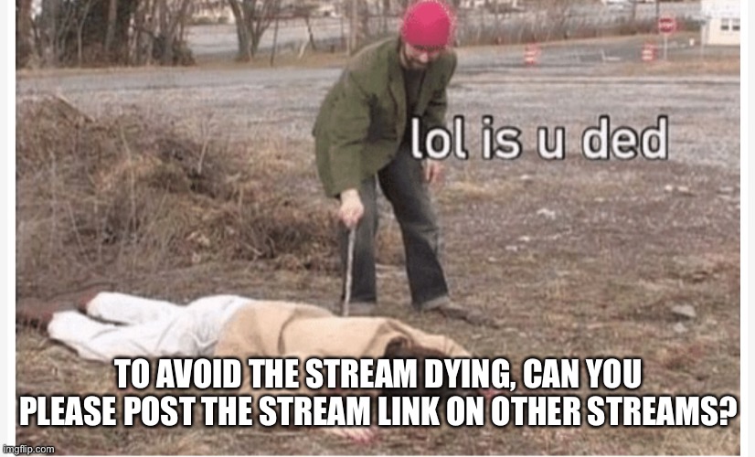 Lol is u ded | TO AVOID THE STREAM DYING, CAN YOU PLEASE POST THE STREAM LINK ON OTHER STREAMS? | image tagged in lol is u ded,plz,lol | made w/ Imgflip meme maker