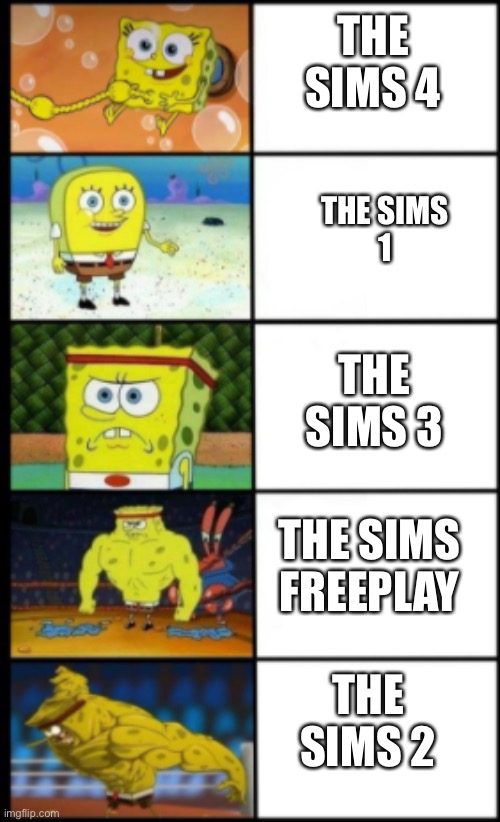 The sims meme | THE SIMS 4; THE SIMS
1; THE SIMS 3; THE SIMS FREEPLAY; THE SIMS 2 | image tagged in new meme template name buff spongebob | made w/ Imgflip meme maker