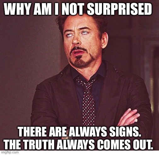 RDJ boring | WHY AM I NOT SURPRISED THERE ARE ALWAYS SIGNS. THE TRUTH ALWAYS COMES OUT. | image tagged in rdj boring | made w/ Imgflip meme maker