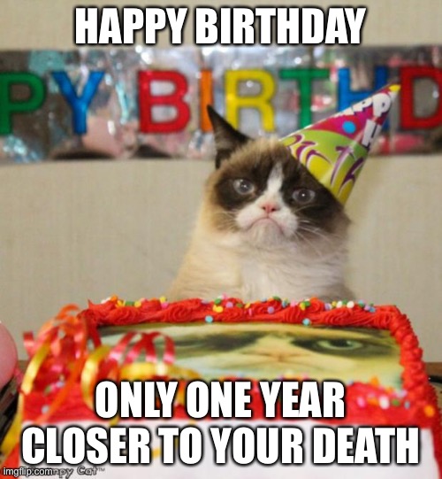 Grumpy Cat Meme | HAPPY BIRTHDAY; ONLY ONE YEAR CLOSER TO YOUR DEATH | image tagged in memes,grumpy cat birthday,grumpy cat | made w/ Imgflip meme maker