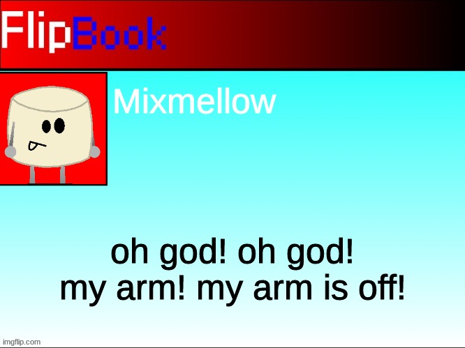 FlipBook profile | Mixmellow; oh god! oh god! my arm! my arm is off! | image tagged in flipbook profile | made w/ Imgflip meme maker