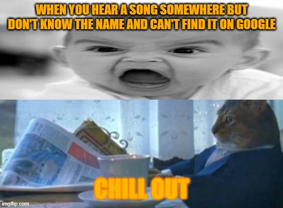 Song Problem | WHEN YOU HEAR A SONG SOMEWHERE BUT DON'T KNOW THE NAME AND CAN'T FIND IT ON GOOGLE; CHILL OUT | image tagged in memes,song | made w/ Imgflip meme maker