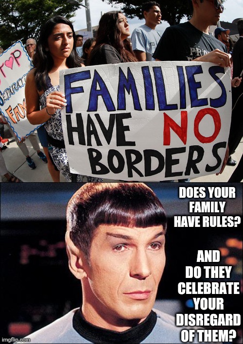 Humans aren't illegal, but they can be here illegally and shouldn't be coddled or congratulated. | AND DO THEY CELEBRATE YOUR DISREGARD OF THEM? DOES YOUR FAMILY HAVE RULES? | image tagged in condescending spock,illegal immigration,open borders,liberal logic | made w/ Imgflip meme maker
