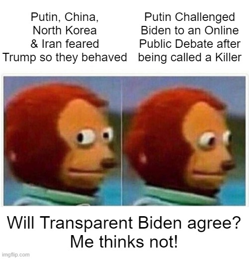 Biden | Putin Challenged Biden to an Online Public Debate after being called a Killer; Putin, China, North Korea & Iran feared Trump so they behaved; Will Transparent Biden agree?
Me thinks not! | image tagged in memes,monkey puppet | made w/ Imgflip meme maker