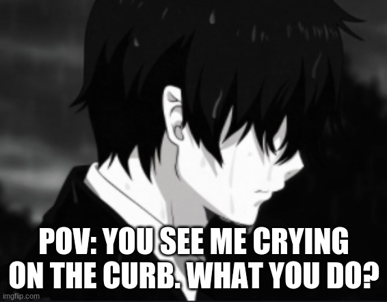 Roleplay with me please. I'm bored | POV: YOU SEE ME CRYING ON THE CURB. WHAT YOU DO? | image tagged in roleplaying | made w/ Imgflip meme maker
