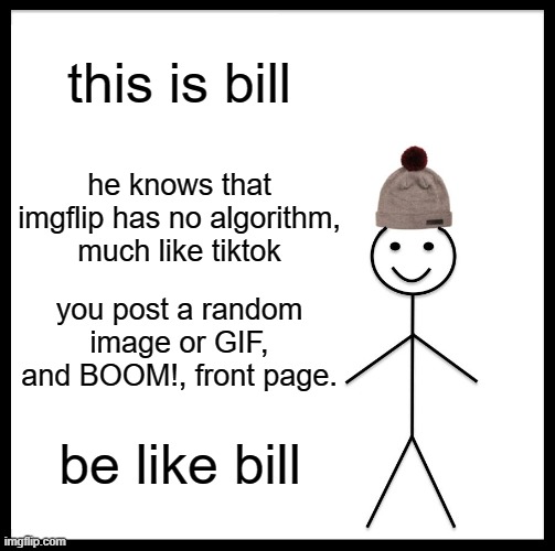 Aaaah, irony | this is bill; he knows that imgflip has no algorithm, much like tiktok; you post a random image or GIF, and BOOM!, front page. be like bill | image tagged in memes,be like bill,bruh | made w/ Imgflip meme maker