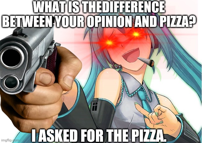 Miku is a savage unu | WHAT IS THEDIFFERENCE BETWEEN YOUR OPINION AND PIZZA? I ASKED FOR THE PIZZA. | image tagged in hatsune miku,deal with it | made w/ Imgflip meme maker