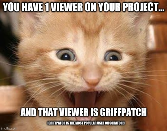 Excited Cat Meme | YOU HAVE 1 VIEWER ON YOUR PROJECT... AND THAT VIEWER IS GRIFFPATCH; (GRIFFPATCH IS THE MOST POPULAR USER ON SCRATCH!) | image tagged in memes,excited cat | made w/ Imgflip meme maker