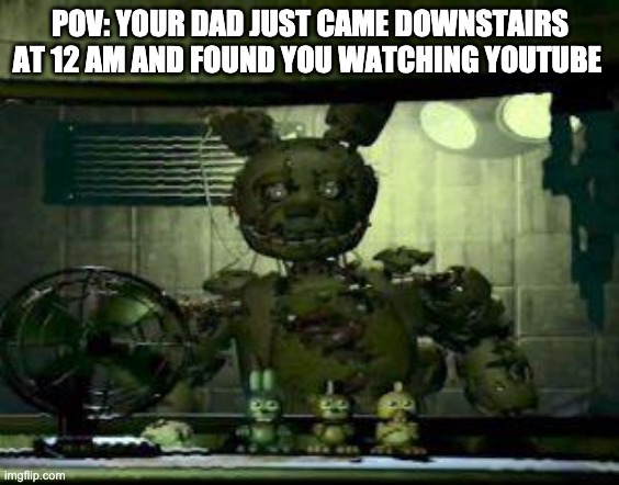 FNAF Springtrap in window | POV: YOUR DAD JUST CAME DOWNSTAIRS AT 12 AM AND FOUND YOU WATCHING YOUTUBE | image tagged in fnaf springtrap in window | made w/ Imgflip meme maker