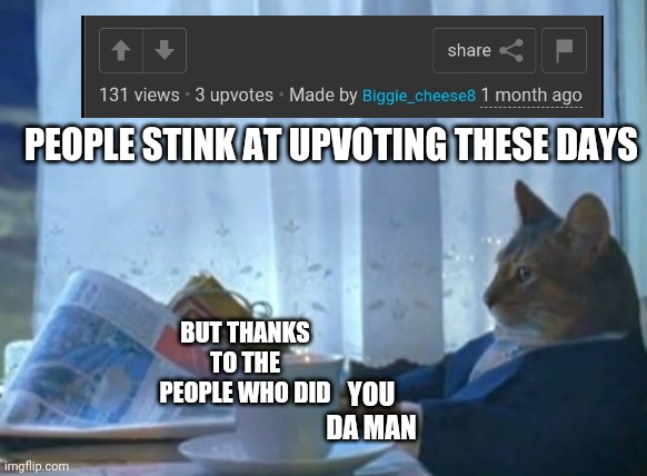 I Should Buy A Boat Cat | PEOPLE STINK AT UPVOTING THESE DAYS; BUT THANKS TO THE PEOPLE WHO DID; YOU DA MAN | image tagged in memes,i should buy a boat cat | made w/ Imgflip meme maker