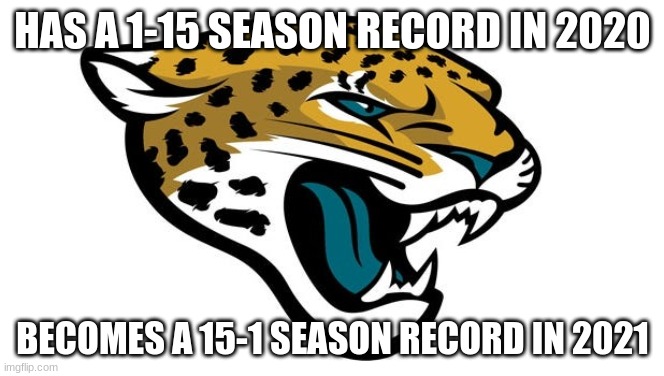 Jaguars update in 2021 with Trevor Lawrence | HAS A 1-15 SEASON RECORD IN 2020; BECOMES A 15-1 SEASON RECORD IN 2021 | image tagged in jaguars logo,15-1,sports,nfl | made w/ Imgflip meme maker