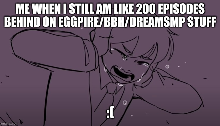 Well I am correct about dis meme which is why I am switching to the important stuff playlist | ME WHEN I STILL AM LIKE 200 EPISODES BEHIND ON EGGPIRE/BBH/DREAMSMP STUFF; :( | image tagged in crying tubbo | made w/ Imgflip meme maker