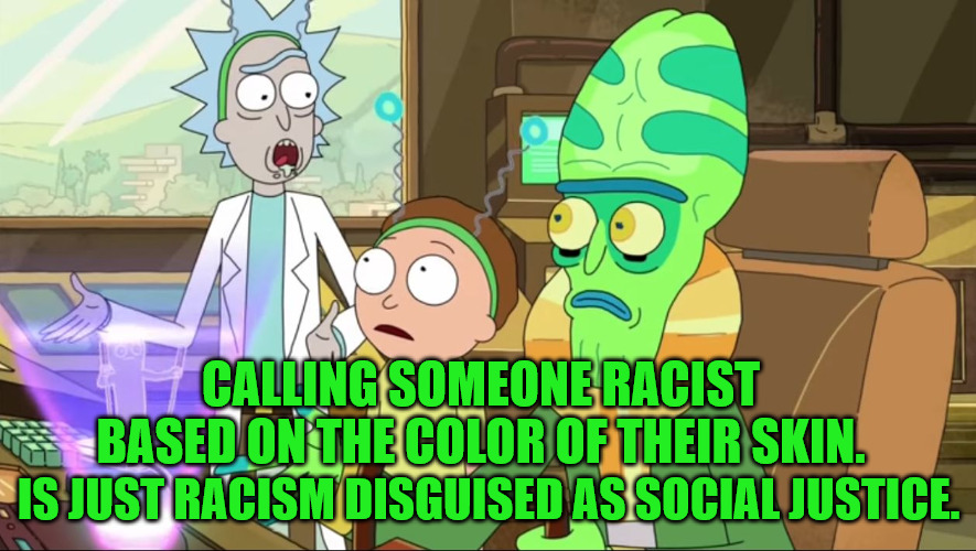 Racism is Racism | CALLING SOMEONE RACIST BASED ON THE COLOR OF THEIR SKIN. IS JUST RACISM DISGUISED AS SOCIAL JUSTICE. | image tagged in rick and morty-extra steps | made w/ Imgflip meme maker