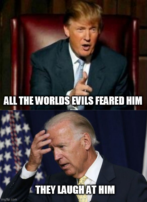ALL THE WORLDS EVILS FEARED HIM; THEY LAUGH AT HIM | image tagged in donald trump,joe biden worries | made w/ Imgflip meme maker