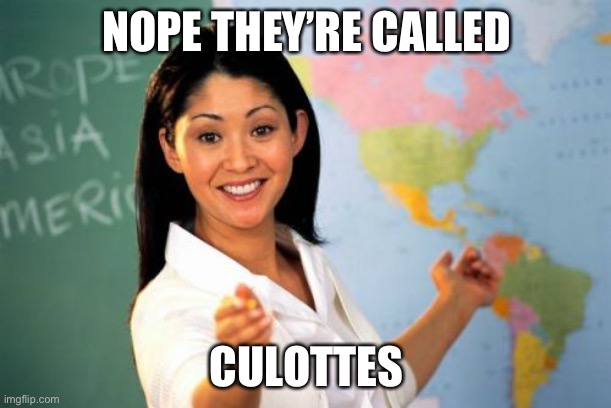 Unhelpful High School Teacher Meme | NOPE THEY’RE CALLED CULOTTES | image tagged in memes,unhelpful high school teacher | made w/ Imgflip meme maker