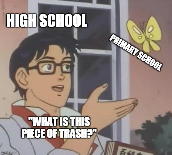 LOLOLOOOOLOLO | HIGH SCHOOL; PRIMARY SCHOOL; "WHAT IS THIS PIECE OF TRASH?" | image tagged in memes,is this a pigeon | made w/ Imgflip meme maker