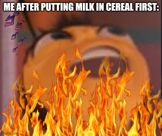 Watch the world burn by simply putting milk before cereal | ME AFTER PUTTING MILK IN CEREAL FIRST: | image tagged in burn | made w/ Imgflip meme maker