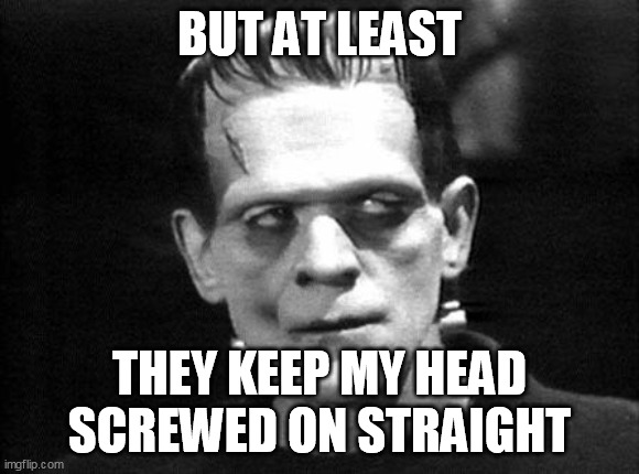 frankenstein | BUT AT LEAST THEY KEEP MY HEAD SCREWED ON STRAIGHT | image tagged in frankenstein | made w/ Imgflip meme maker
