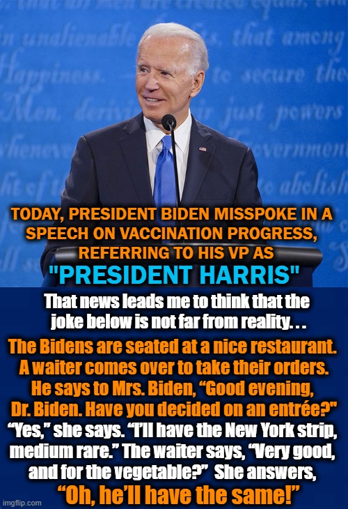 Joe Biden's Dementia Is Not Improving With Age... | TODAY, PRESIDENT BIDEN MISSPOKE IN A  

SPEECH ON VACCINATION PROGRESS,  
REFERRING TO HIS VP AS; "PRESIDENT HARRIS"; That news leads me to think that the 
joke below is not far from reality. . . The Bidens are seated at a nice restaurant. 
A waiter comes over to take their orders.
He says to Mrs. Biden, “Good evening, 
Dr. Biden. Have you decided on an entrée?"; “Yes,” she says. “I’ll have the New York strip, 
medium rare.” The waiter says, “Very good, 
and for the vegetable?”  She answers, “Oh, he’ll have the same!” | image tagged in politics,joe biden,dementia,democrat party | made w/ Imgflip meme maker