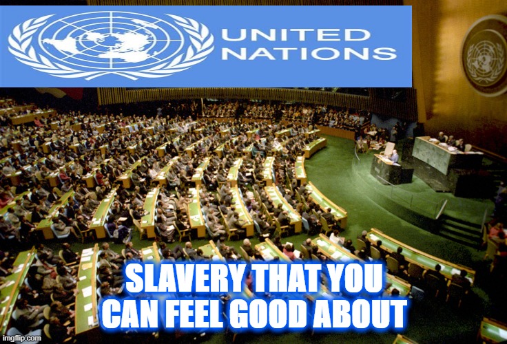 Slavery you can feel good about | SLAVERY THAT YOU CAN FEEL GOOD ABOUT | image tagged in united nations,slavery,feel good,agenda 21,nwo,new world govt | made w/ Imgflip meme maker