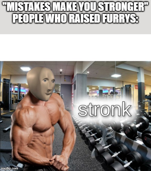 Mistakes make you stronger | "MISTAKES MAKE YOU STRONGER"
PEOPLE WHO RAISED FURRYS: | image tagged in stronks,mistakes make you stronger | made w/ Imgflip meme maker