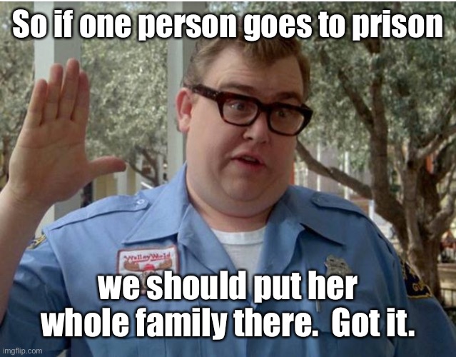 John Candy National Lampoon Vacation Guard | So if one person goes to prison we should put her whole family there.  Got it. | image tagged in john candy national lampoon vacation guard | made w/ Imgflip meme maker