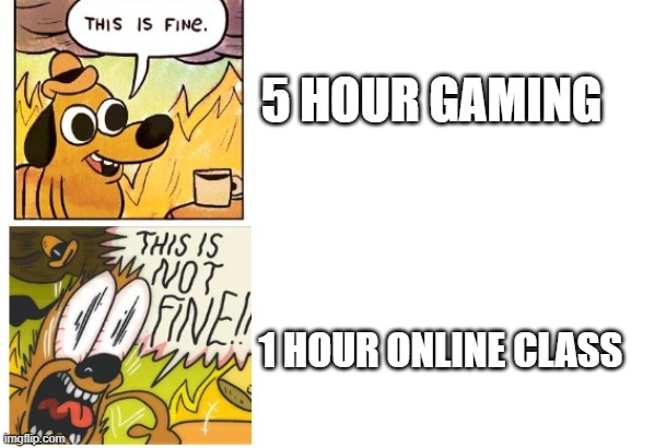 going to school is better than online classes | 5 HOUR GAMING; 1 HOUR ONLINE CLASS | image tagged in this is fine this is not fine | made w/ Imgflip meme maker