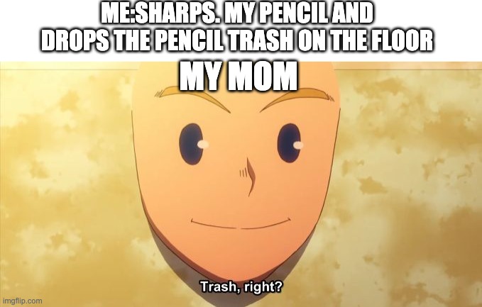 -0- | ME:SHARPS. MY PENCIL AND DROPS THE PENCIL TRASH ON THE FLOOR; MY MOM | image tagged in trash right | made w/ Imgflip meme maker