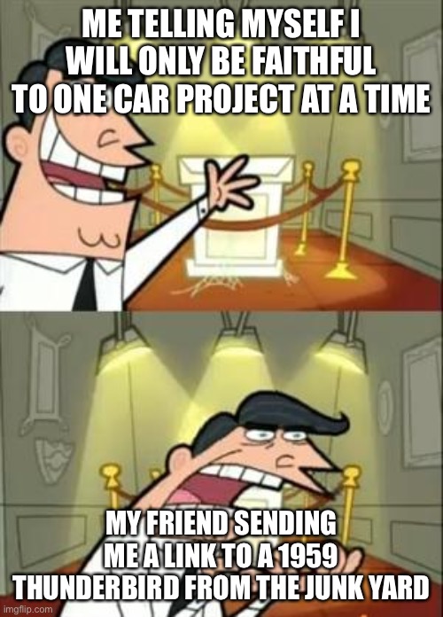 This Is Where I'd Put My Trophy If I Had One | ME TELLING MYSELF I WILL ONLY BE FAITHFUL TO ONE CAR PROJECT AT A TIME; MY FRIEND SENDING ME A LINK TO A 1959 THUNDERBIRD FROM THE JUNK YARD | image tagged in memes,this is where i'd put my trophy if i had one | made w/ Imgflip meme maker