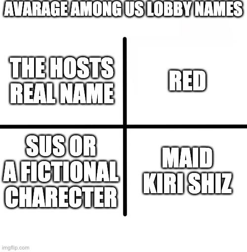 i srsly cant handle these lobbies like cringemaid kiei | AVARAGE AMONG US LOBBY NAMES; RED; THE HOSTS REAL NAME; SUS OR A FICTIONAL CHARECTER; MAID KIRI SHIZ | image tagged in memes,blank starter pack | made w/ Imgflip meme maker