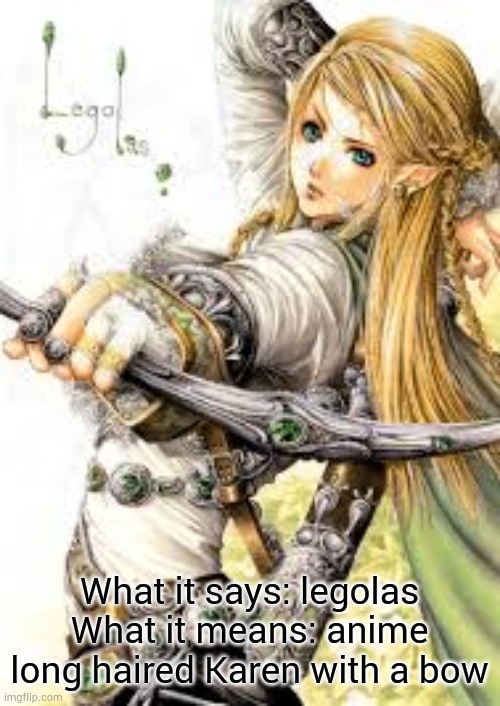 Terry loves yogurt | What it says: legolas
What it means: anime long haired Karen with a bow | image tagged in lotr,legolas,anime,karens | made w/ Imgflip meme maker