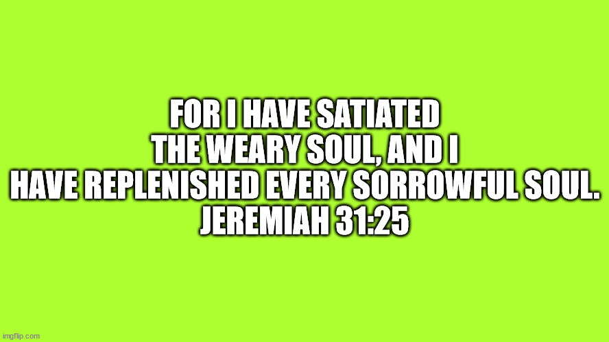Jeremiah Ch 31 Verse 25 | FOR I HAVE SATIATED THE WEARY SOUL, AND I HAVE REPLENISHED EVERY SORROWFUL SOUL.
JEREMIAH 31:25 | image tagged in bible verse,jeremiah ch 31 verse 25 | made w/ Imgflip meme maker