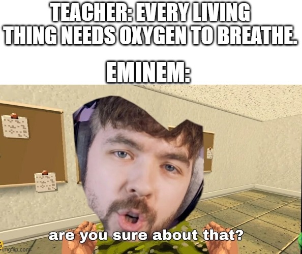 Jacksepticeye Are you sure about that | TEACHER: EVERY LIVING THING NEEDS OXYGEN TO BREATHE. EMINEM: | image tagged in jacksepticeye are you sure about that | made w/ Imgflip meme maker