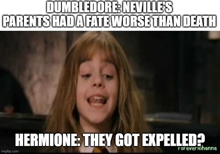 hermione | DUMBLEDORE: NEVILLE'S PARENTS HAD A FATE WORSE THAN DEATH; HERMIONE: THEY GOT EXPELLED? | image tagged in hermione | made w/ Imgflip meme maker
