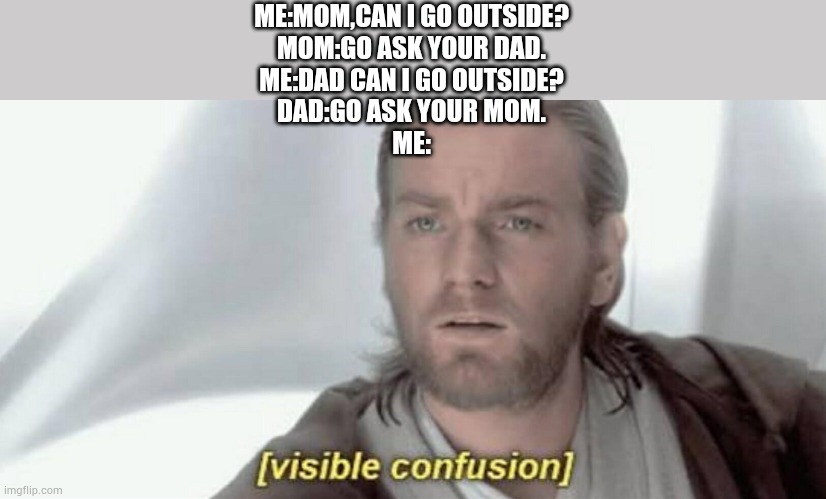 Sometime this thing happened to me | ME:MOM,CAN I GO OUTSIDE?
MOM:GO ASK YOUR DAD.
ME:DAD CAN I GO OUTSIDE?
DAD:GO ASK YOUR MOM.
ME: | image tagged in visible confusion | made w/ Imgflip meme maker