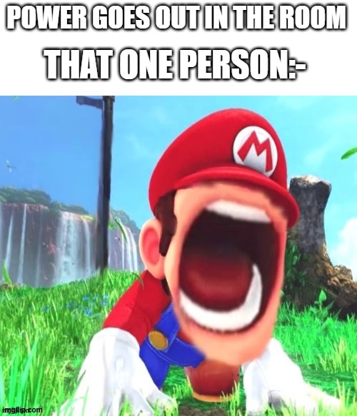 Power | THAT ONE PERSON:-; POWER GOES OUT IN THE ROOM | image tagged in mario screaming,mario,screaming,power | made w/ Imgflip meme maker