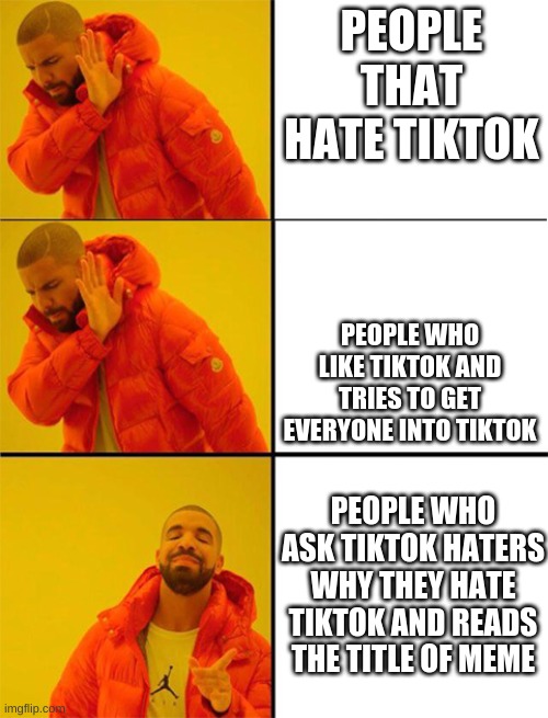 so why do you hate tictok | PEOPLE THAT HATE TIKTOK; PEOPLE WHO LIKE TIKTOK AND TRIES TO GET EVERYONE INTO TIKTOK; PEOPLE WHO ASK TIKTOK HATERS WHY THEY HATE TIKTOK AND READS THE TITLE OF MEME | image tagged in drake meme 3 panels,tiktok,meme,facts,life | made w/ Imgflip meme maker