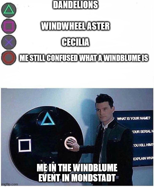 Genshin impact windblume event | DANDELIONS; WINDWHEEL ASTER; CECILIA; ME STILL CONFUSED WHAT A WINDBLUME IS; ME IN THE WINDBLUME EVENT IN MONDSTADT | image tagged in playstation button choices | made w/ Imgflip meme maker