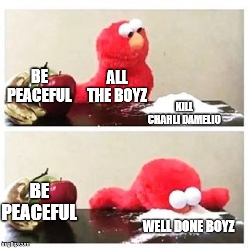w e l l  d o n e | BE PEACEFUL; ALL THE BOYZ; KILL CHARLI DAMELIO; BE PEACEFUL; WELL DONE BOYZ | image tagged in elmo cocaine | made w/ Imgflip meme maker