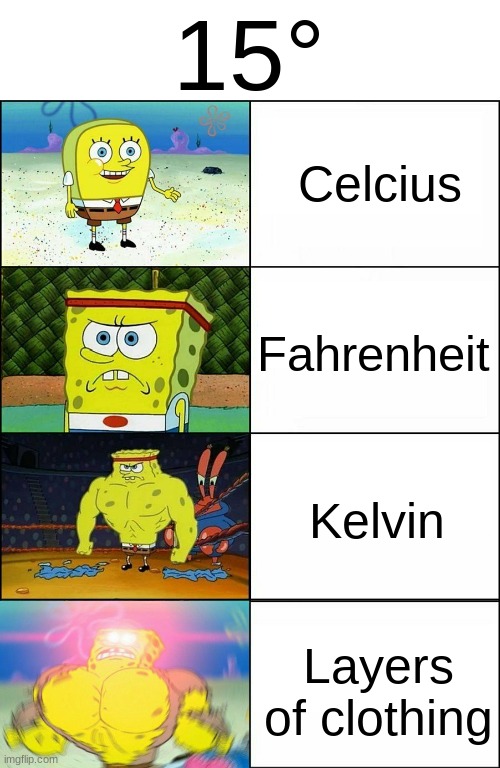 15 degrees | 15°; Celcius; Fahrenheit; Kelvin; Layers of clothing | image tagged in spongebob evolution | made w/ Imgflip meme maker