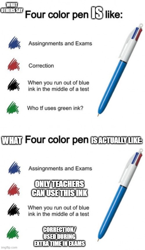 I'm telling the truth (at least in where I'm from) | WHAT OTHERS SAY; IS; WHAT; IS ACTUALLY LIKE:; ONLY TEACHERS CAN USE THIS INK; CORRECTION/ USED DURING EXTRA TIME IN EXAMS | image tagged in you can't handle the truth,school | made w/ Imgflip meme maker