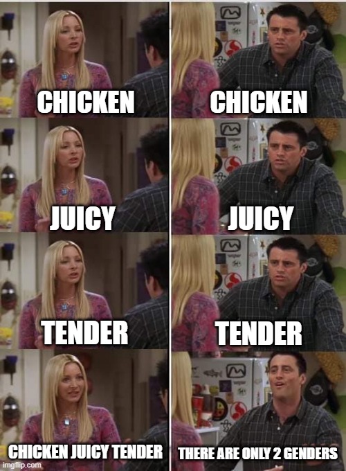 chicken juicy tender | CHICKEN; CHICKEN; JUICY; JUICY; TENDER; TENDER; CHICKEN JUICY TENDER; THERE ARE ONLY 2 GENDERS | image tagged in phoebe joey,chicken,mcdonald's | made w/ Imgflip meme maker
