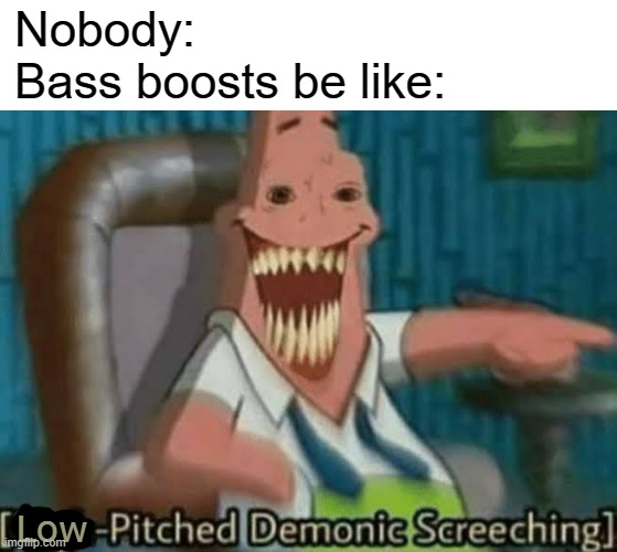 * hIgH-PiTcHeD DeMoNiC ScReEcHiNg * | Nobody:
Bass boosts be like:; Low | image tagged in memes,high-pitched demonic screeching,bass,nobody | made w/ Imgflip meme maker