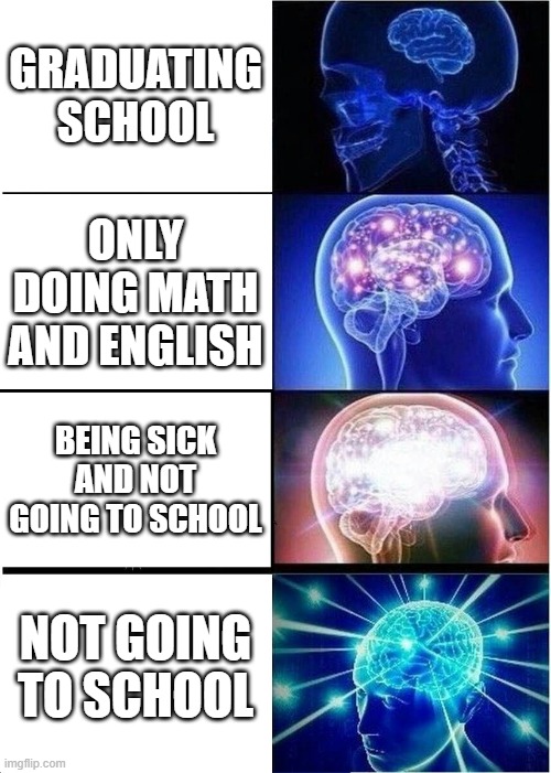 Expanding Brain | GRADUATING SCHOOL; ONLY DOING MATH AND ENGLISH; BEING SICK AND NOT GOING TO SCHOOL; NOT GOING TO SCHOOL | image tagged in memes,expanding brain | made w/ Imgflip meme maker