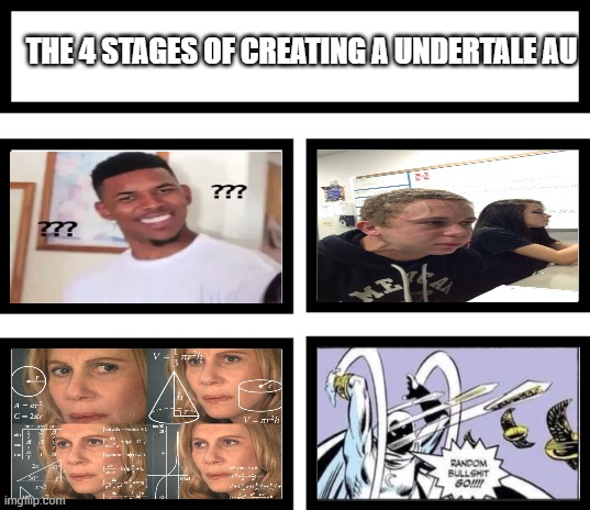 Thinking of an AU be like | THE 4 STAGES OF CREATING A UNDERTALE AU | image tagged in 4 horsemen of,undertale,creation,confused,what,now | made w/ Imgflip meme maker