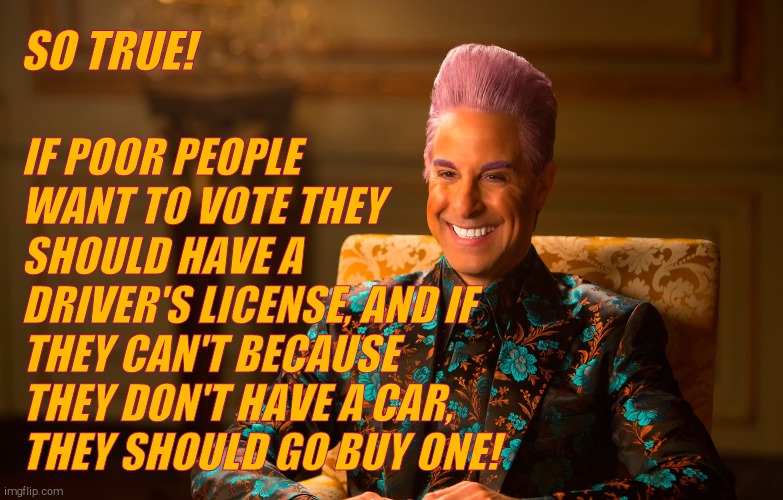 Caesar Fl | SO TRUE! IF POOR PEOPLE WANT TO VOTE THEY SHOULD HAVE A      DRIVER'S LICENSE, AND IF THEY CAN'T BECAUSE THEY DON'T HAVE A CAR, THEY SHOULD  | image tagged in caesar fl | made w/ Imgflip meme maker