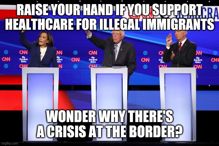 These jackholes have caused this mess, intentionally | RAISE YOUR HAND IF YOU SUPPORT HEALTHCARE FOR ILLEGAL IMMIGRANTS; WONDER WHY THERE'S A CRISIS AT THE BORDER? | image tagged in illegal immigration | made w/ Imgflip meme maker