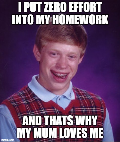 HOMEWORK | I PUT ZERO EFFORT INTO MY HOMEWORK; AND THATS WHY MY MUM LOVES ME | image tagged in memes,bad luck brian | made w/ Imgflip meme maker