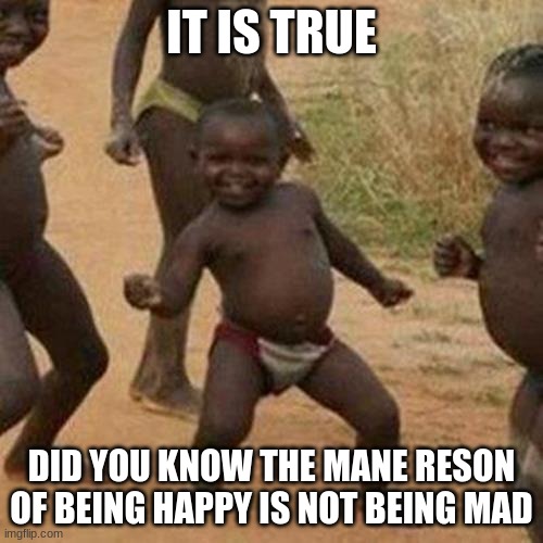 Third World Success Kid | IT IS TRUE; DID YOU KNOW THE MANE RESON OF BEING HAPPY IS NOT BEING MAD | image tagged in memes,third world success kid | made w/ Imgflip meme maker